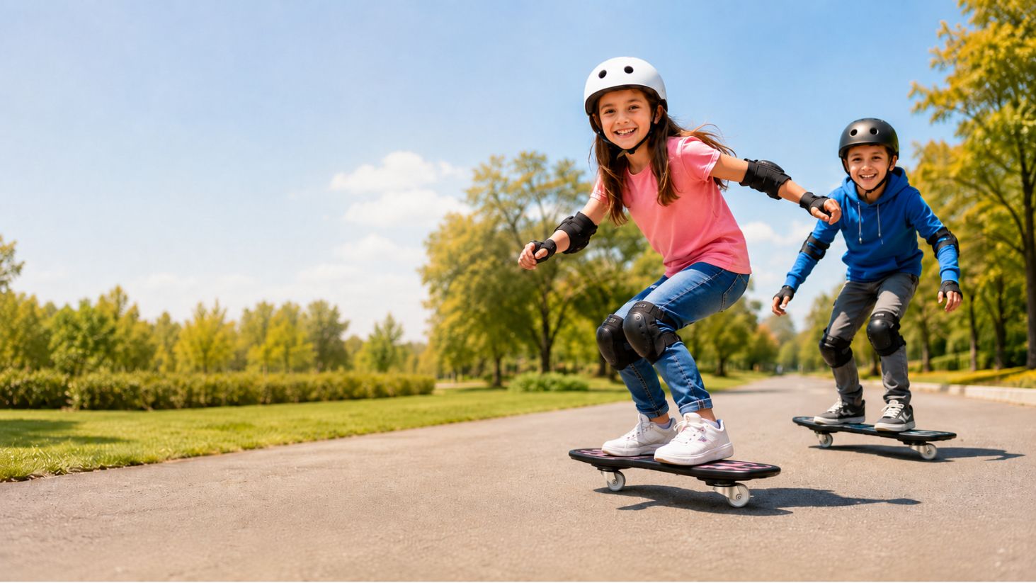Zwei Kinder fahren mit Helm und Schonern auf Waveboards