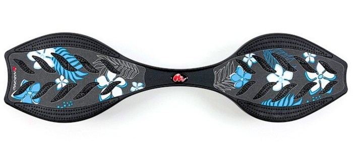 Das Produktbild zeigt ein schwarz-weiss-blaues Waveboard ohne Stange für Kinder mit Blumen, Blüten und Blümchen als Draufsicht von oben