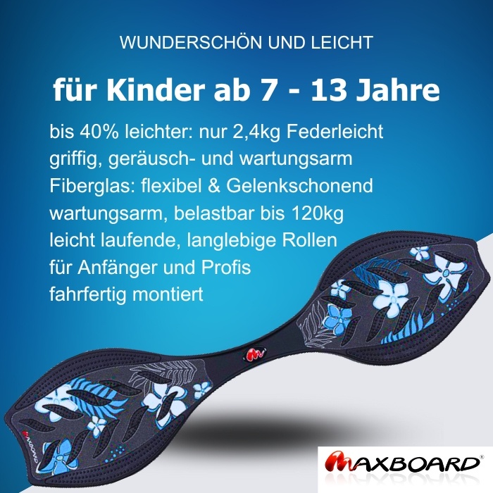 Abbildung zeigt ein schwarz-weiss-blaues Waveboard für Kinder mit Blumen und Blüten und beschreibt die in der Seitenbeschreibung aufgeführten Vorteile des Maxboard black hibiscus
