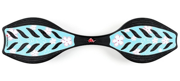 Das Produktbild zeigt ein hellblaues Waveboard ohne Stange für Kinder mit Blumen und Blümchen als Draufsicht von oben