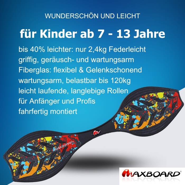 Abbildung zeigt ein buntes Maxboard splat und beschreibt die in der Seitenbeschreibung aufgeführten Vorteile des Maxboards